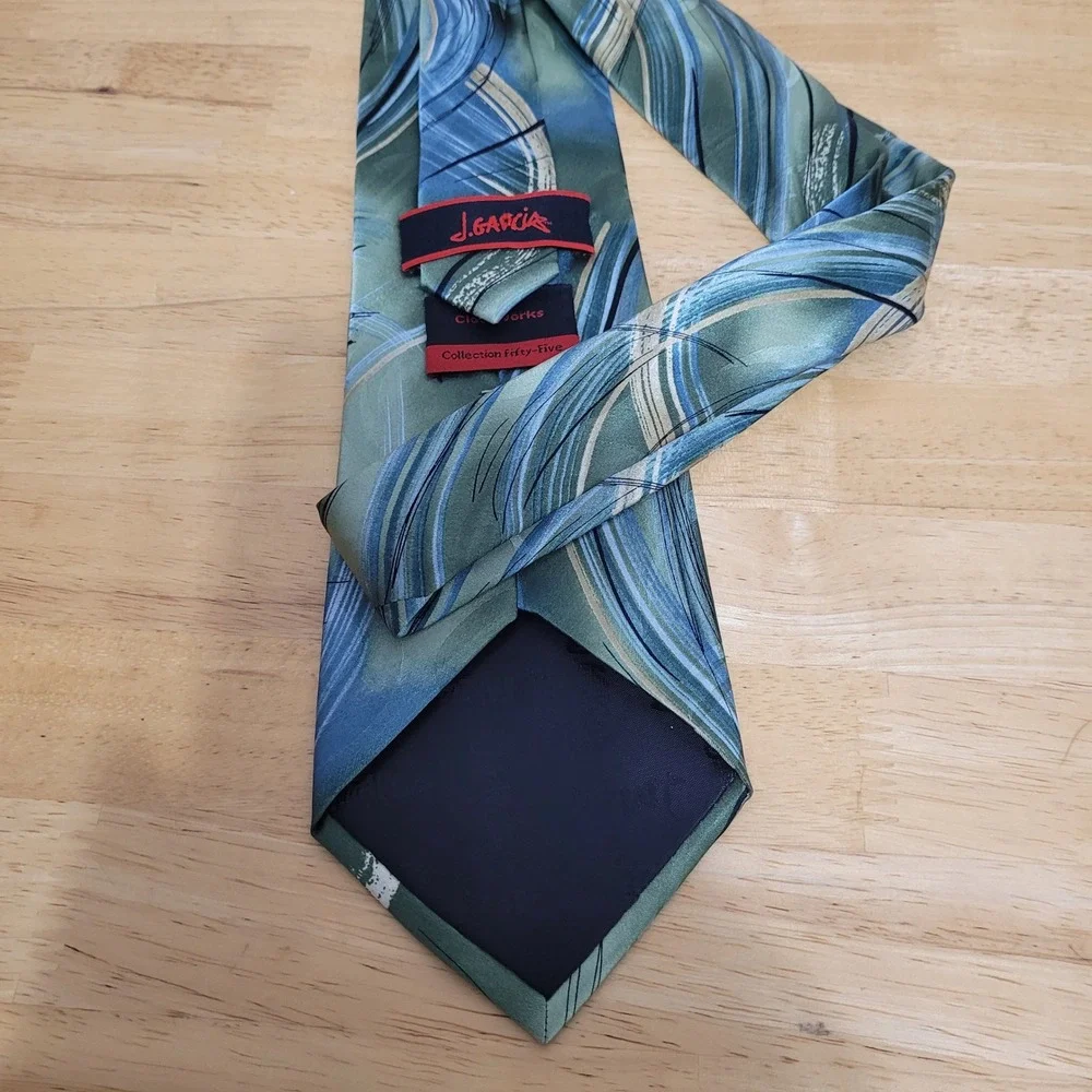 J. Garcia Mens Silk Tie Clockworks Collection Fifty-Five Green Blue Abstract